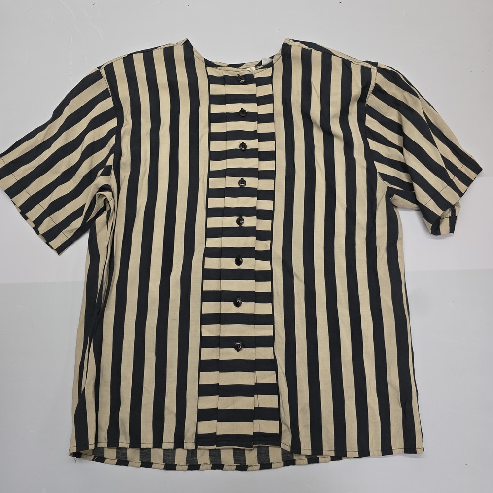 Peters & Ashley Vintage 90s‎ Striped Short Sleeve Button Front Blouse Black Tan